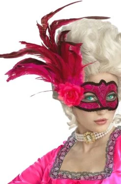 Maschera Stile Veneziano Color Rosa Con Piume
