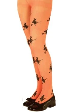 Calze Bambina Halloween Arancioni Con Streghe Stampate