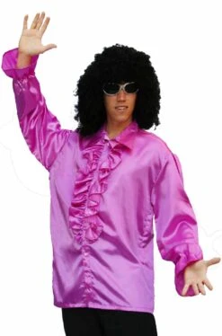 Camicia Uomo Anni 70 Viola Con Colletto A Punta E Rouche