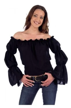 Camicia Donna Nera Spalle Scoperte Piratessa 800 Con Maniche A Sbuffo