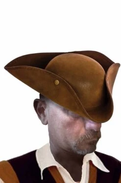 HM Cappello Da Pirata Cavaliere Del 700 A Tricorno In Similpelle Scamosciata Rigida Marrrone