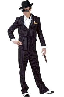 Costume Uomo Gangster Nero Gessato Righine Bianche