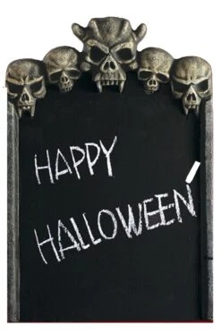 Lavagna Per Menu Ristorante Halloween A Forma Di Lapide Con Teschi Cm 52x35 Con Gessetti