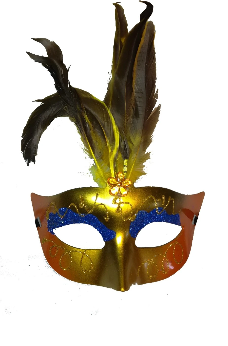 Maschera Di Carnevale Stile Veneziano Arancione Oro Con Piume - immagine 2