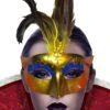 Maschera Di Carnevale Stile Veneziano Arancione Oro Con Piume