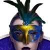 Maschera Di Carnevale Stile Veneziano Blu E Oro Con Piume