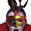 Maschera Di Carnevale Stile Veneziano Rossa Ed Oro Con Piume