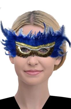Maschera Stile Veneziano Con Piume Blu E Tortora