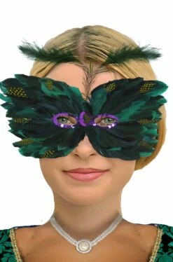 Maschera Stile Veneziano Con Piume A Dominante Verde