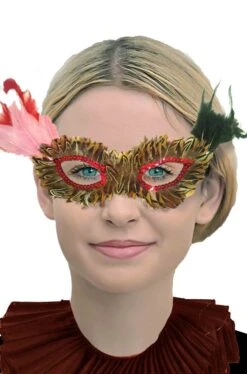 WIDMANN Maschera Stile Veneziano Rossa Con Piume Tortora E Rosa