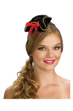 Mini Cappello Da Pirata Piratessa Su Cerchietto A Tricorno Nero E Rosso