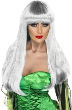 Smiffys Parrucca Donna Grigia Argento Lunga Mossa Con Frangia