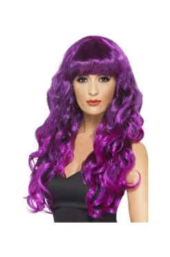 Smiffys Parrucca Donna Lunga Viola Porpora Sfumata Nera Mossa Con Frangia