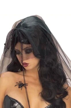 Parrucca Donna Nera Lunga Gotica Con Velo