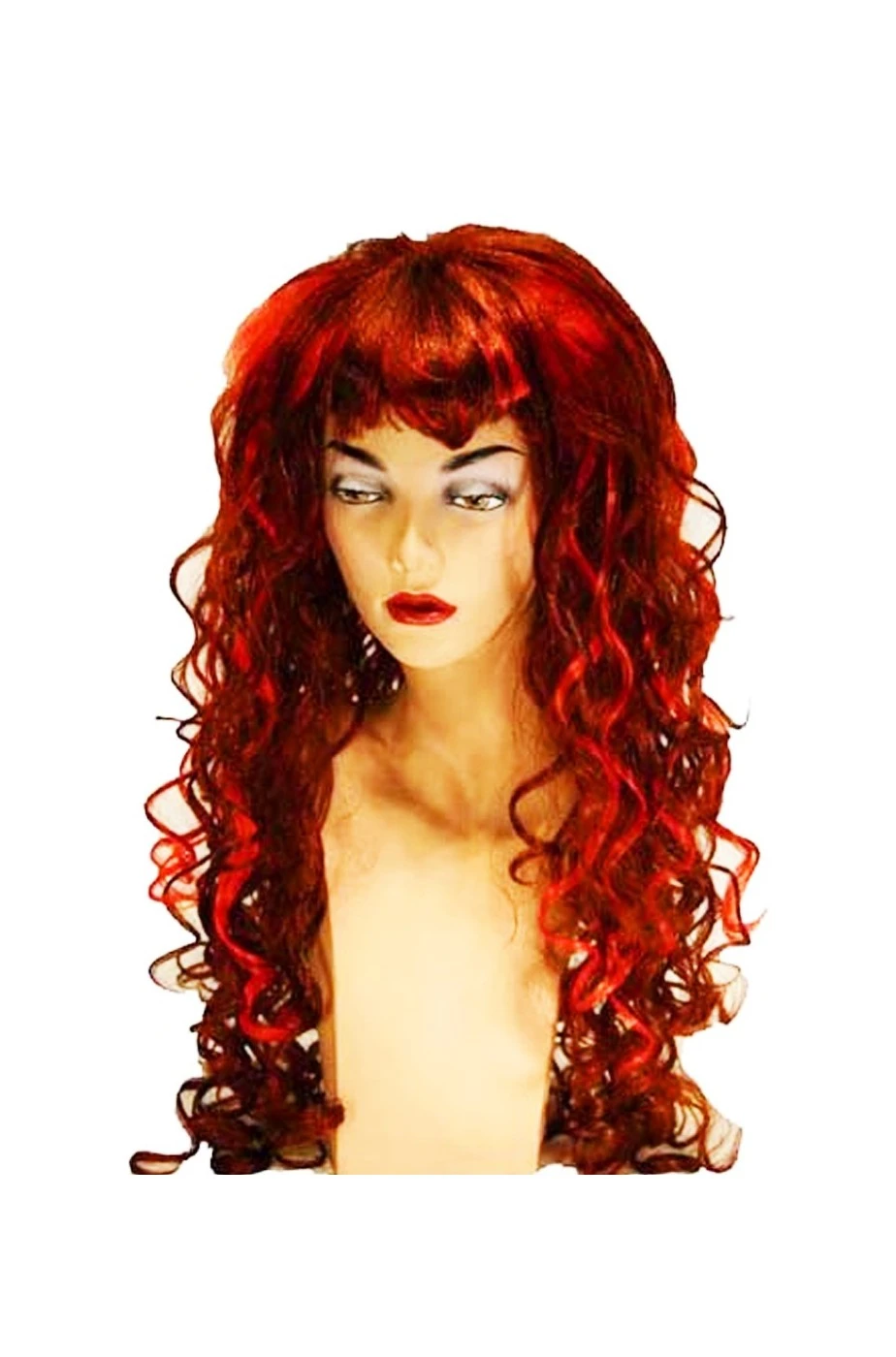 Parrucca Donna Rossa Con Striature Nere Lunga Mossa Con Frangia