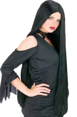 Parrucca Donna Nera Lunga Senza Frangia, Morticia 91cm