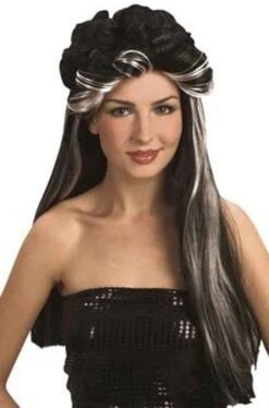 Smiffys Parrucca Donna Nera Con Meches Bianche Lunga Mossa Senza Frangia Dark Lady