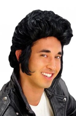 Parrucca Uomo Nera Corta Anni 50 Per Elvis Fonzie E Grease Ciuffo A Banana