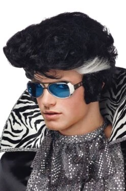 Parrucca Uomo Nera Corta Con Meches Grease O Elvis Anni 50 Ciuffo A Banana