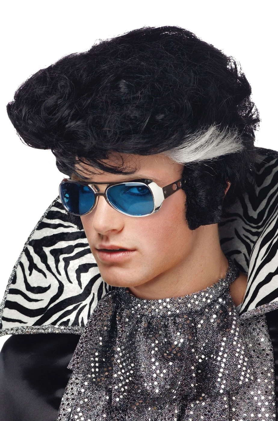 Parrucca Uomo Nera Corta Con Meches Grease O Elvis Anni 50 Ciuffo A Banana