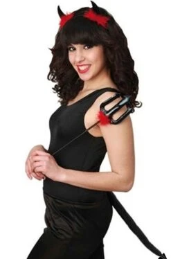 Set Diavolo Diavoletta Nera Con Corna, Tridente, Coda
